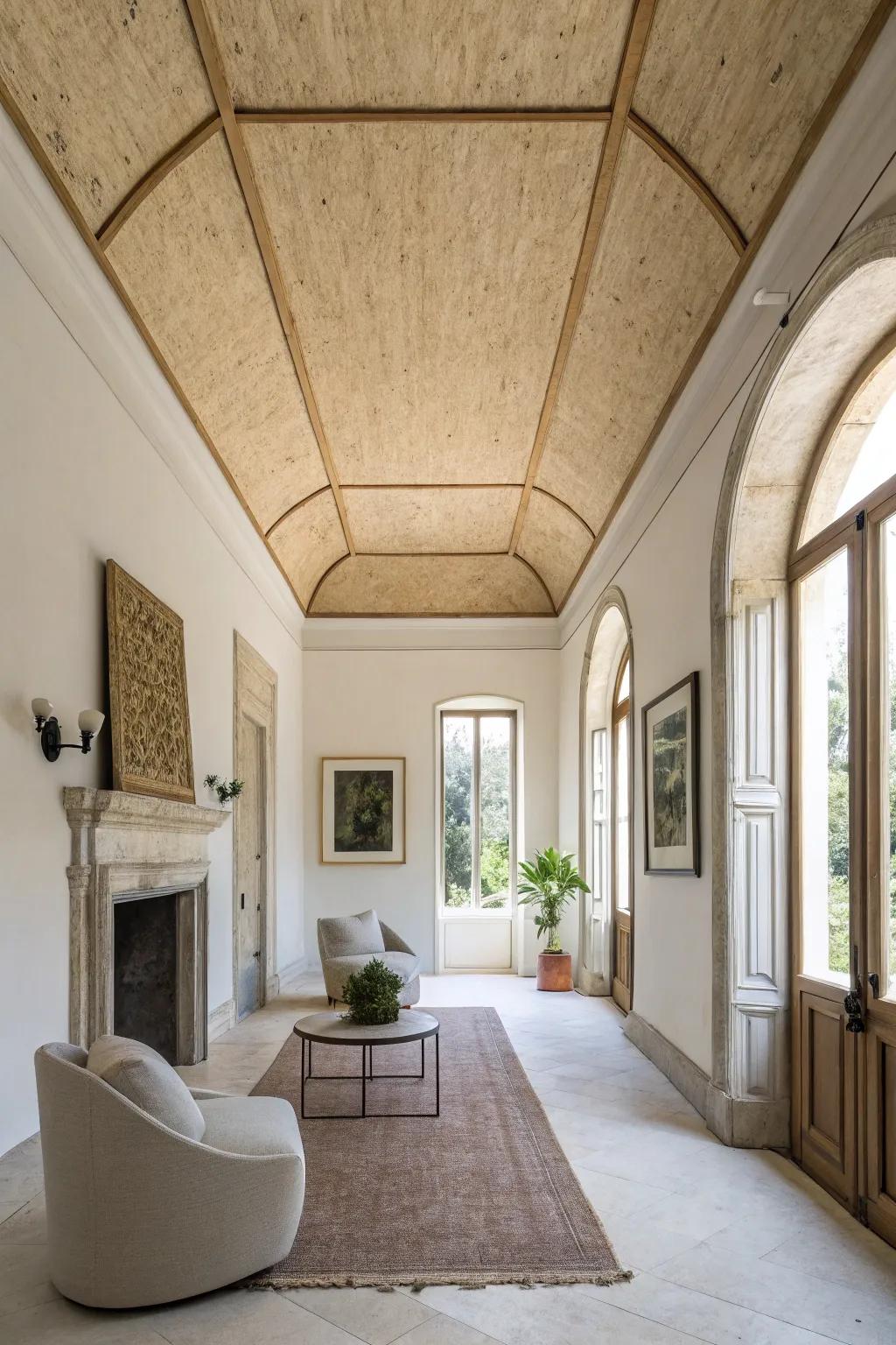 A minimalist plywood ceiling quietly enhancing the room's elegance.