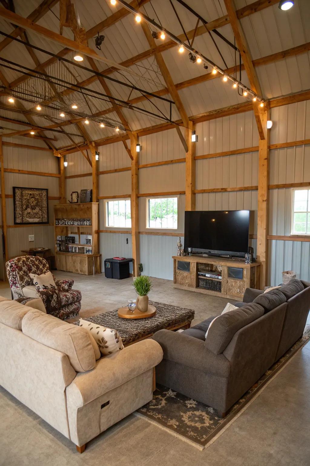 A family entertainment space in a pole barn featuring a TV area and cozy seating.