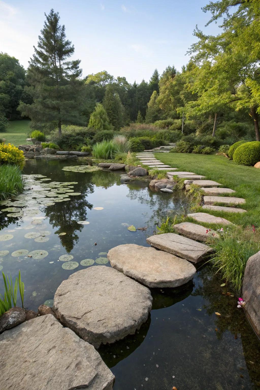 A backyard pond featuring large stepping stones forming pathways.