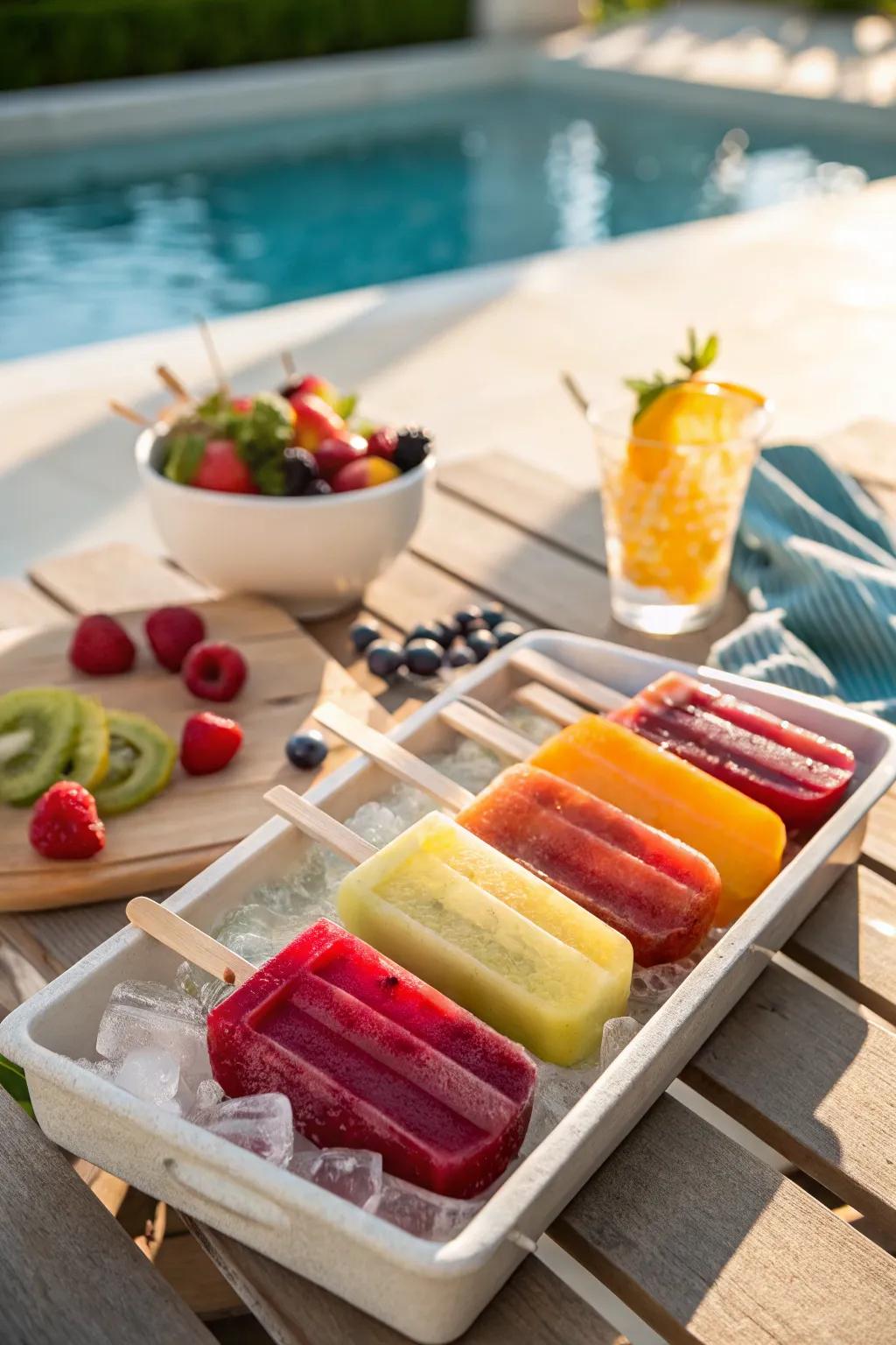 A platter of chromatic produce-infused glacial confections to gratify attendees.