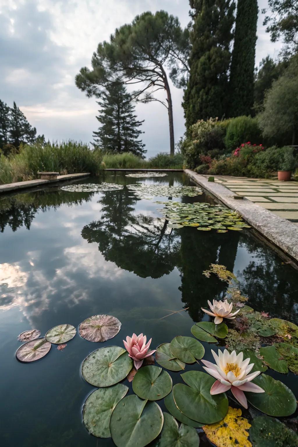 A pool pond beautifully adorned with floating flora.