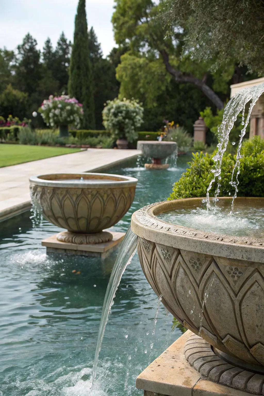 Water bowls introduce timeless elegance and soothing sounds.