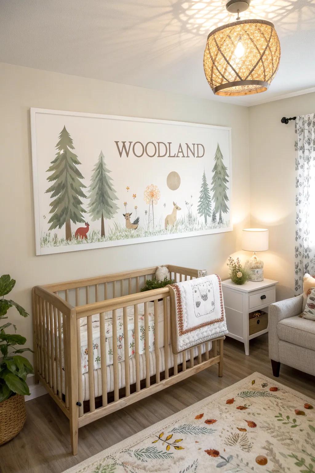 A woodland name display creating a calming nursery atmosphere.