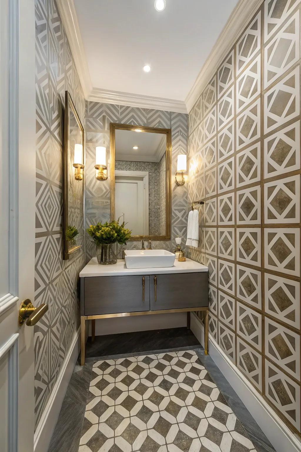 A powder room showcasing contemporary angular designs.