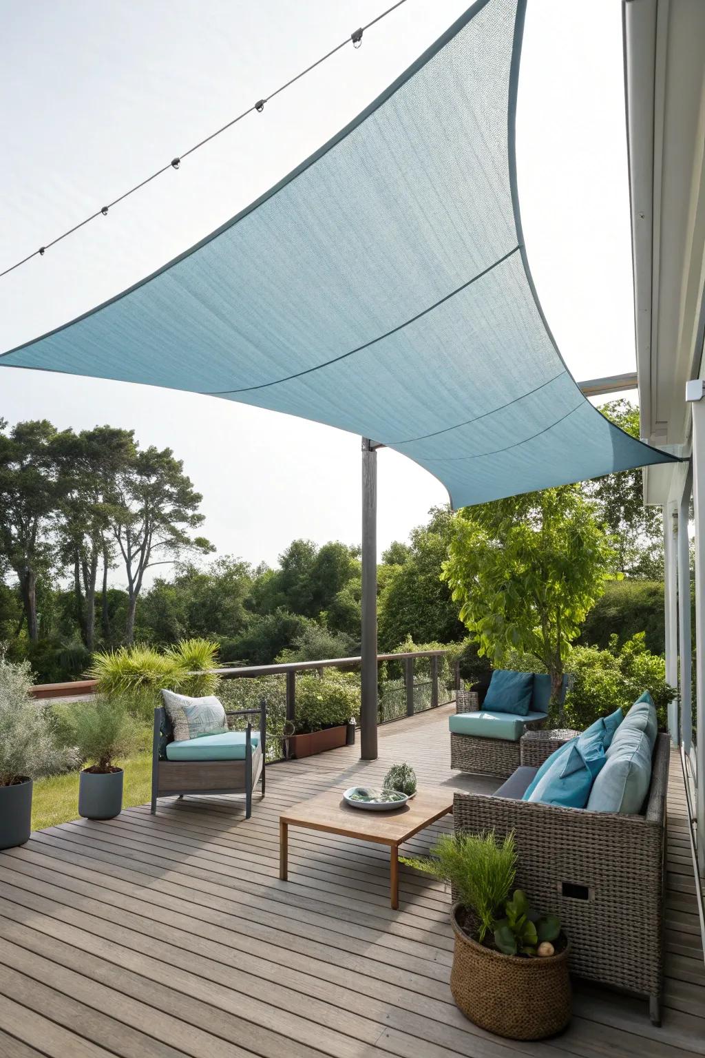 A chic shade canvas offers overhead seclusion and panache on a deck.