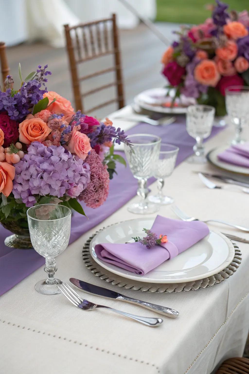 Purple and coral accents bring vibrancy and freshness to the decor.