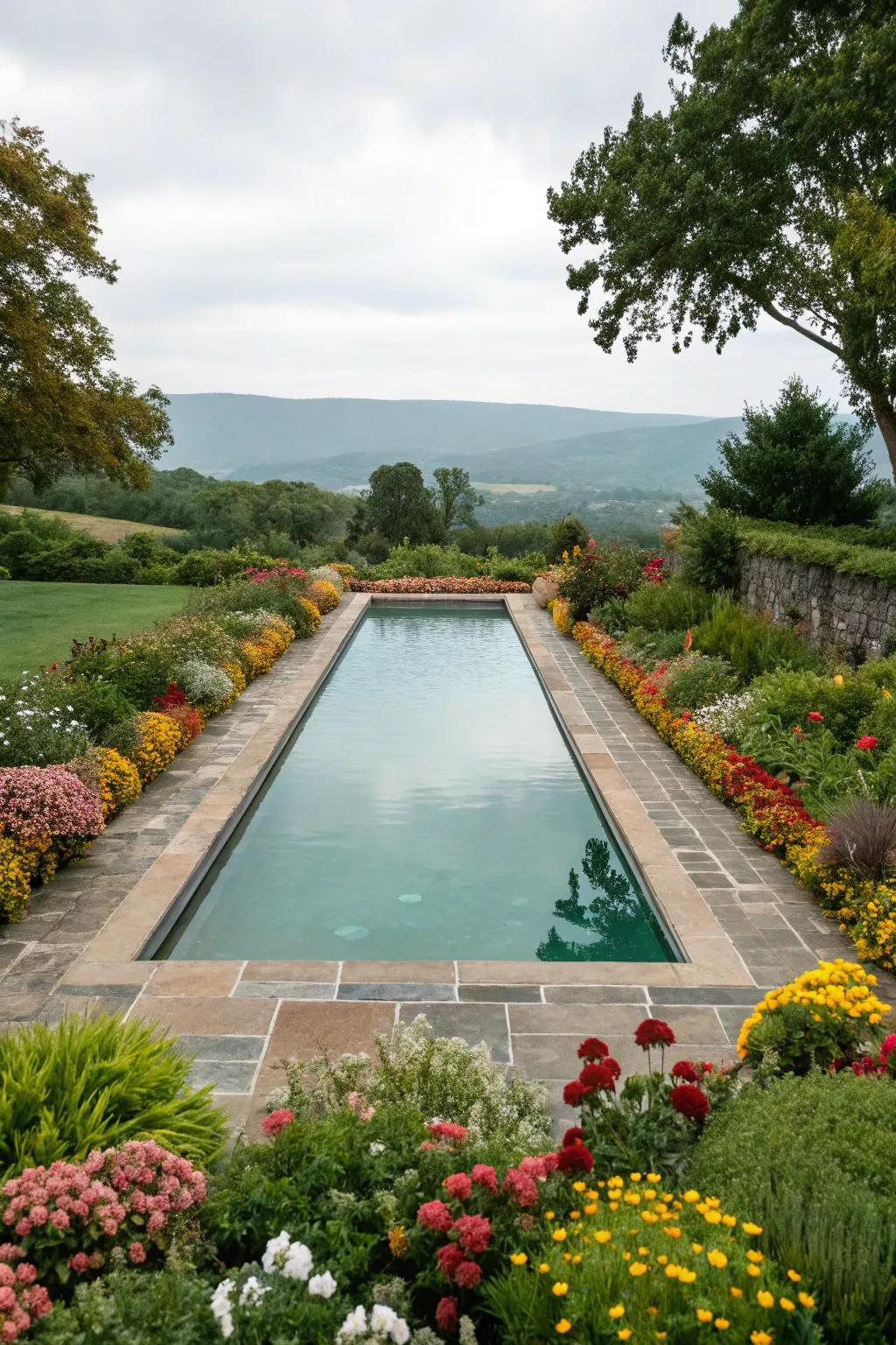 Flora beds furnish an explosion of chroma and vitality to the poolside.