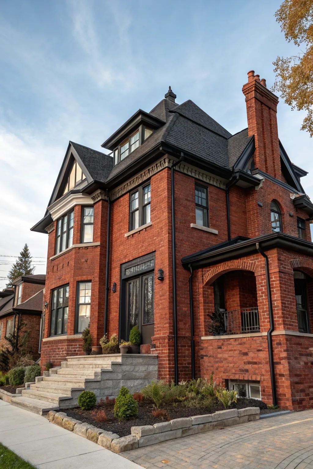 Ebony trim fashions a dramatic and elegant contrast with red brick.