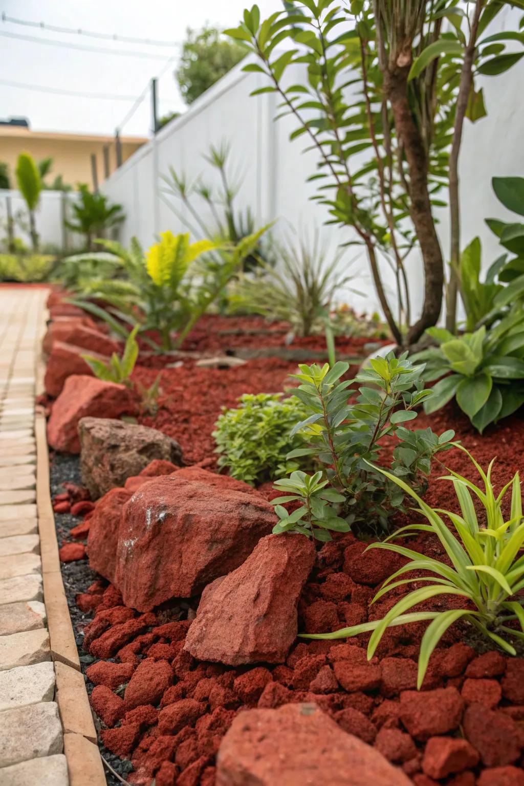 Scarlet volcanic stones provide a sustainable ground cover substitute in this garden.