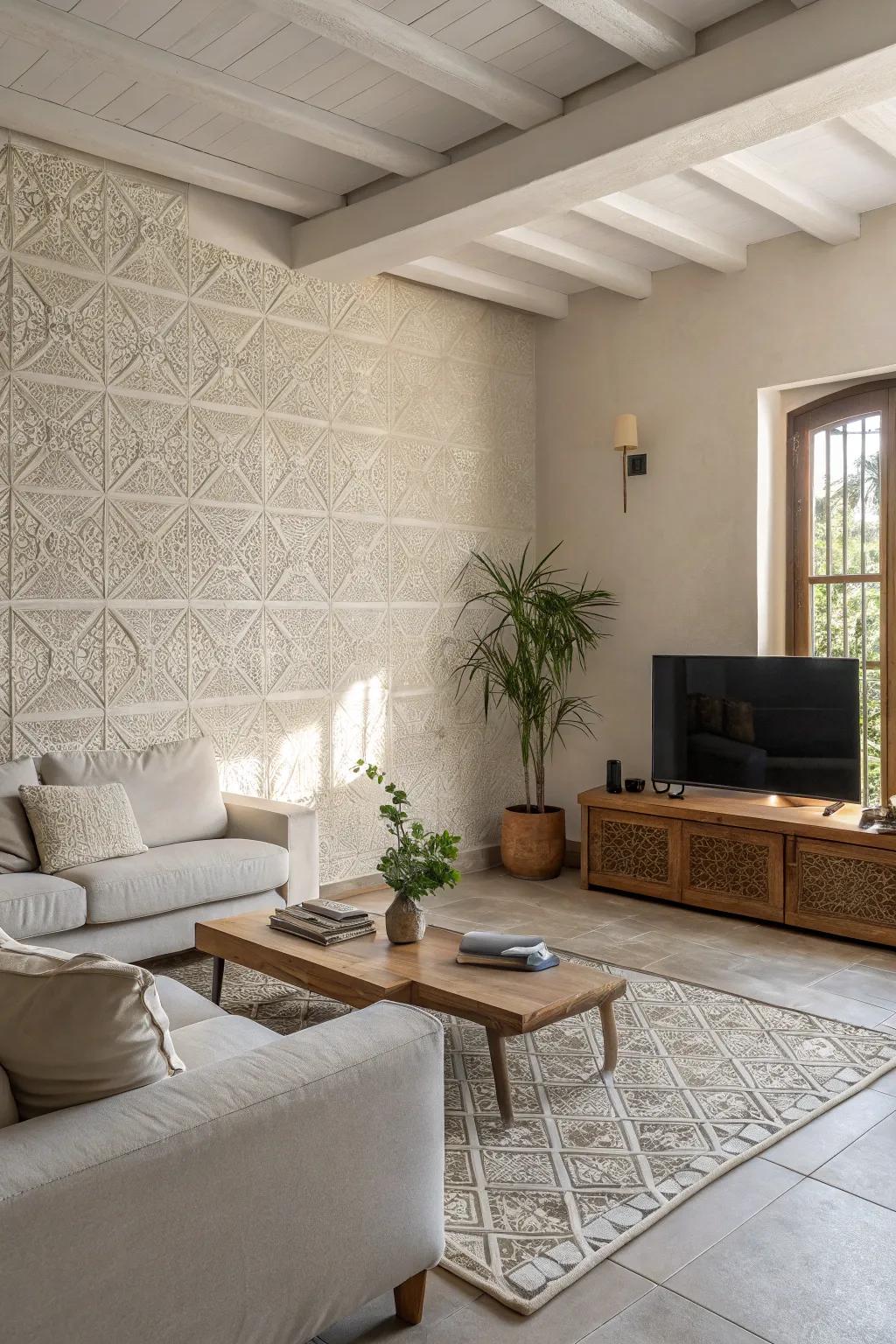 Minimalist relief tiles offer understated sophistication.