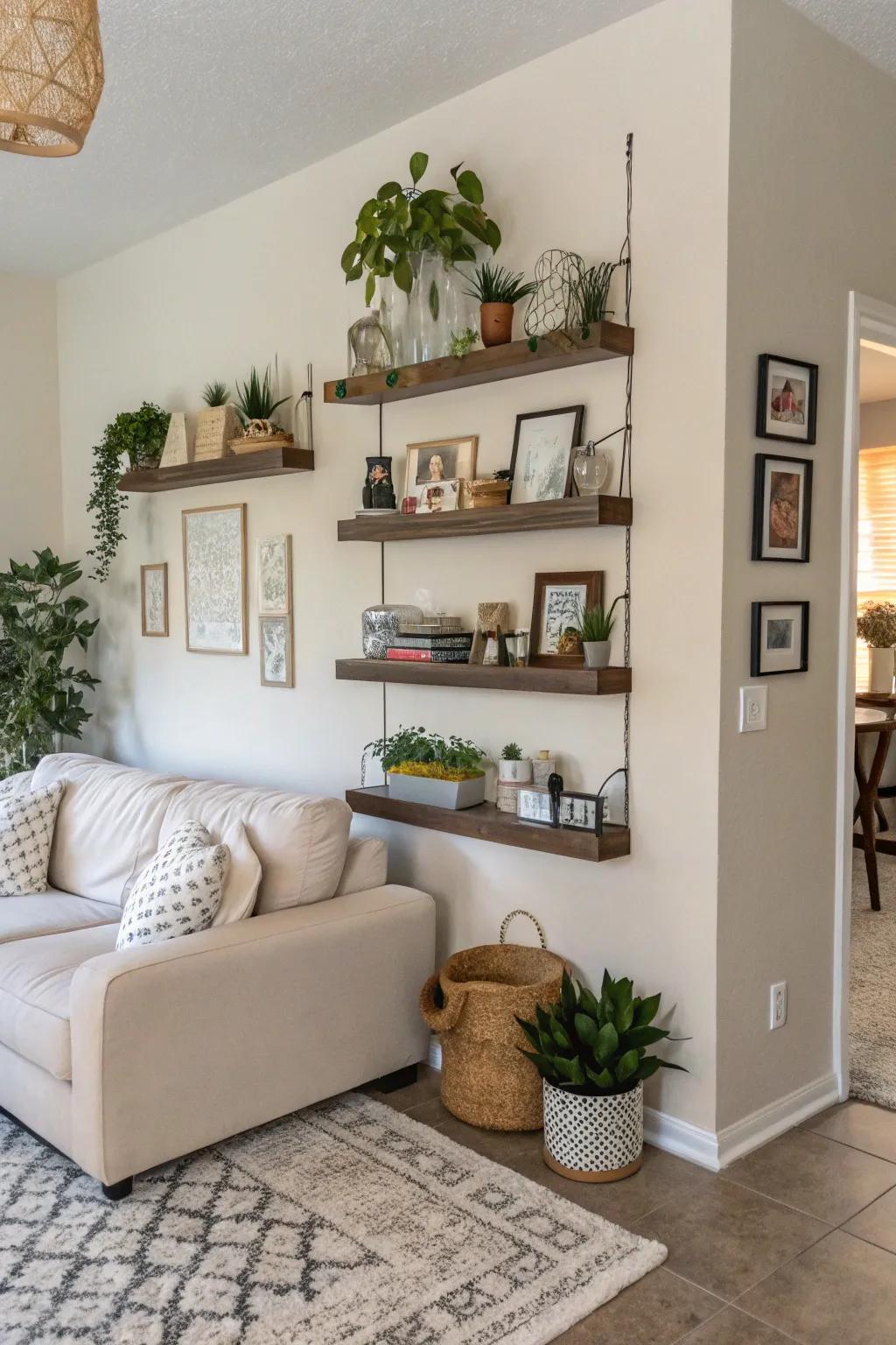 Add dimension and storage with adhesive strip shelves.