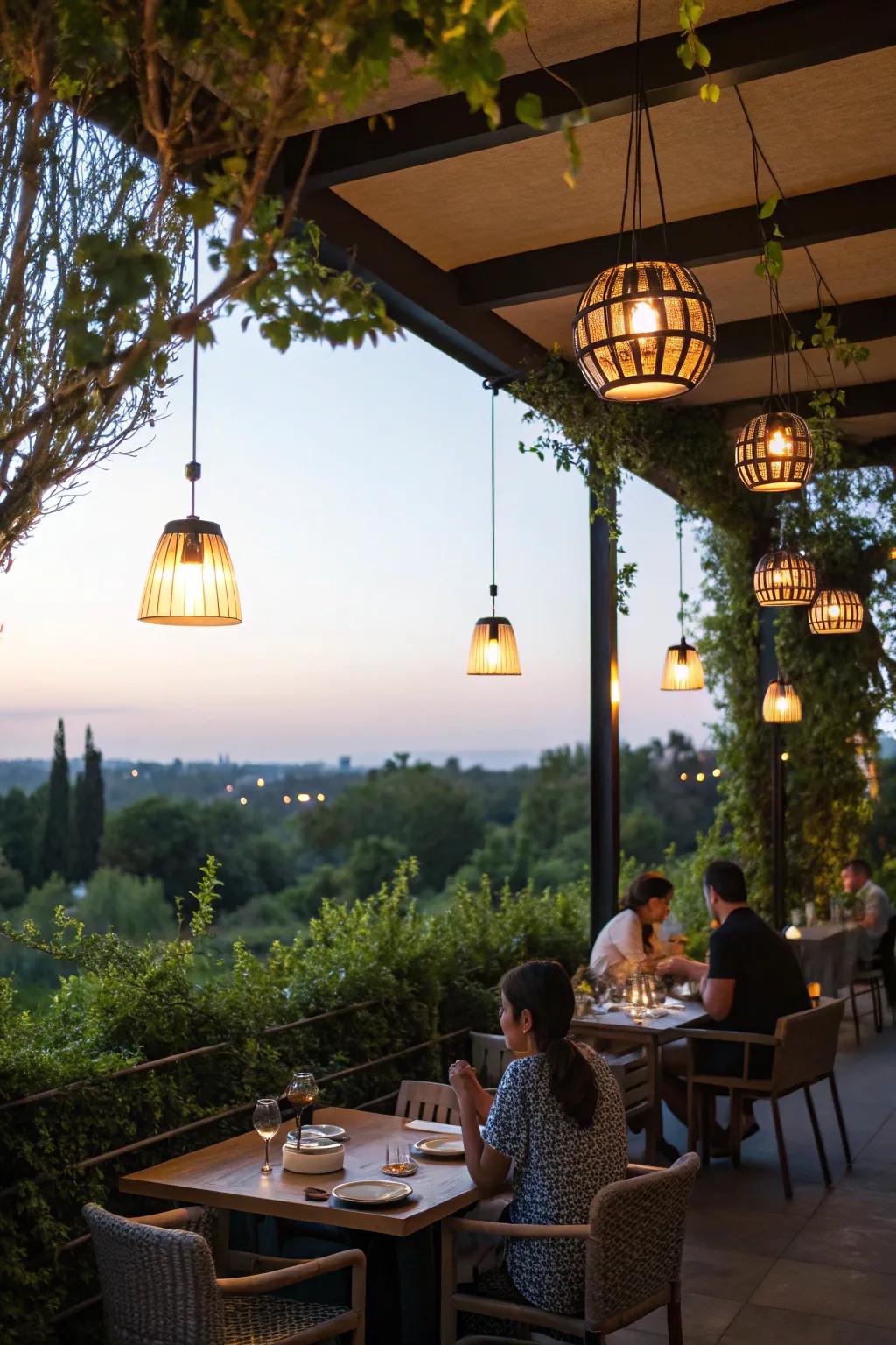 Pendant illumination delivers focused elegance to dining sectors.