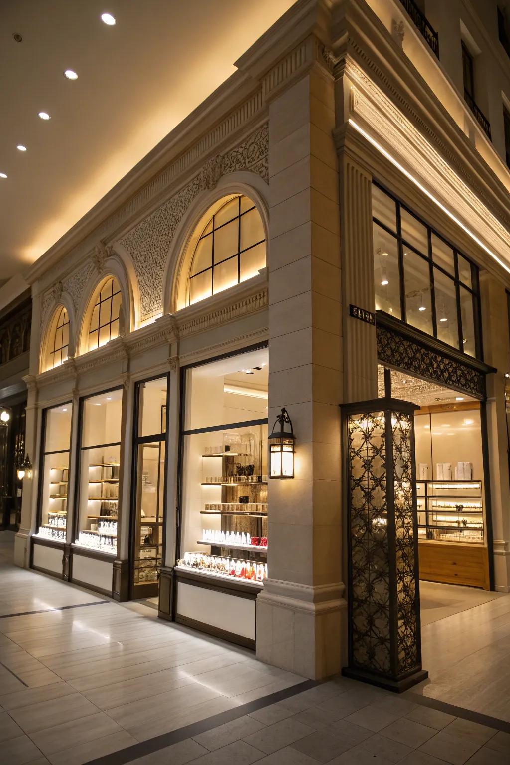 Vertical lighting contributing to striking visual interest and highlighting architectural details.