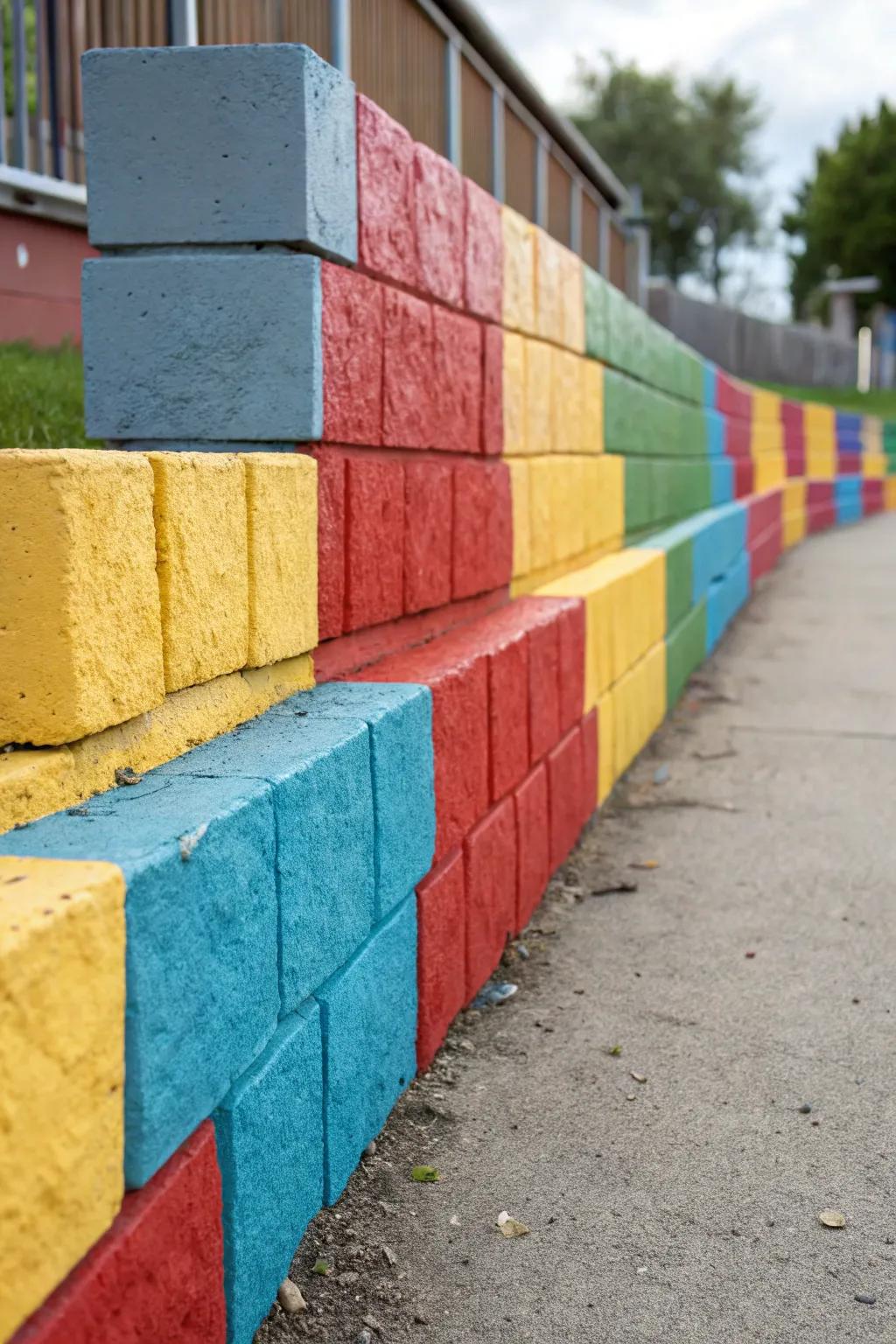 Pigmented concrete units introduce playful tinctures to retaining partitions.
