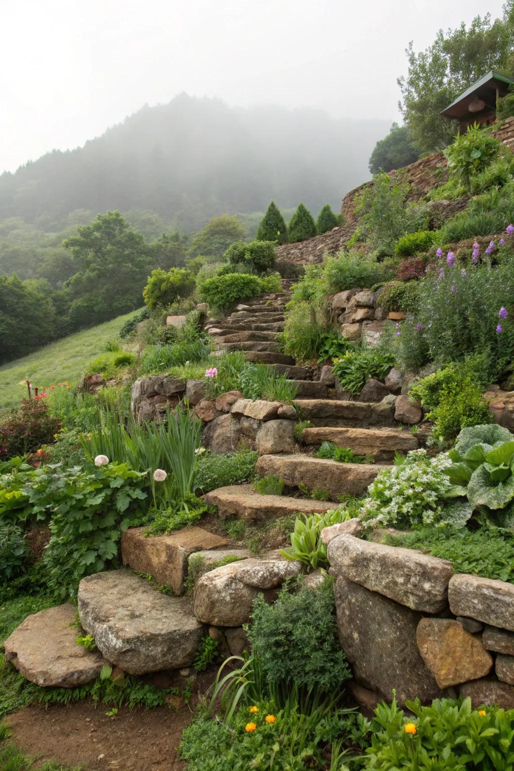 Terraced stone gardens introduce dimension and interest.