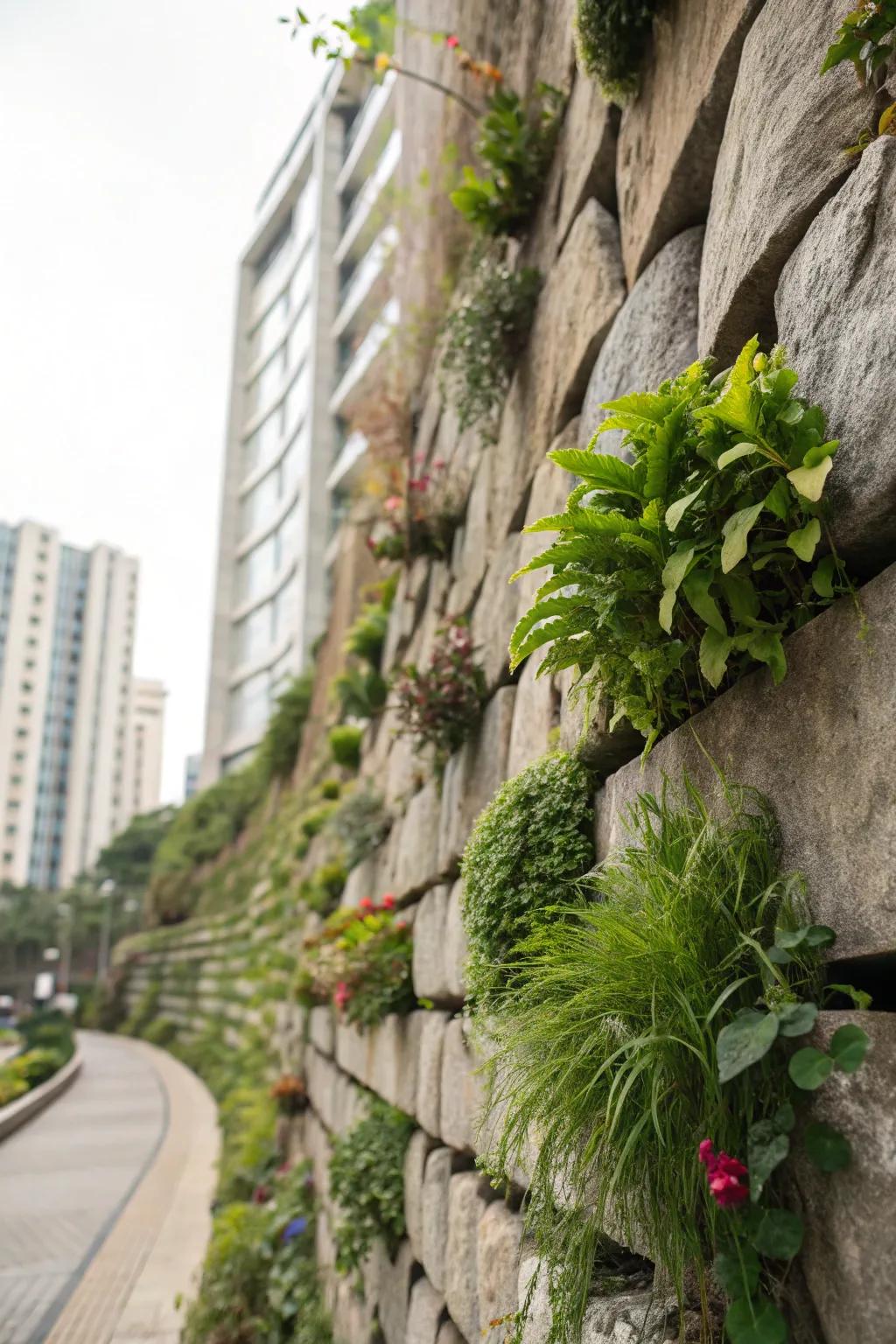 A sky garden brings stone walls to life using rich plant life.