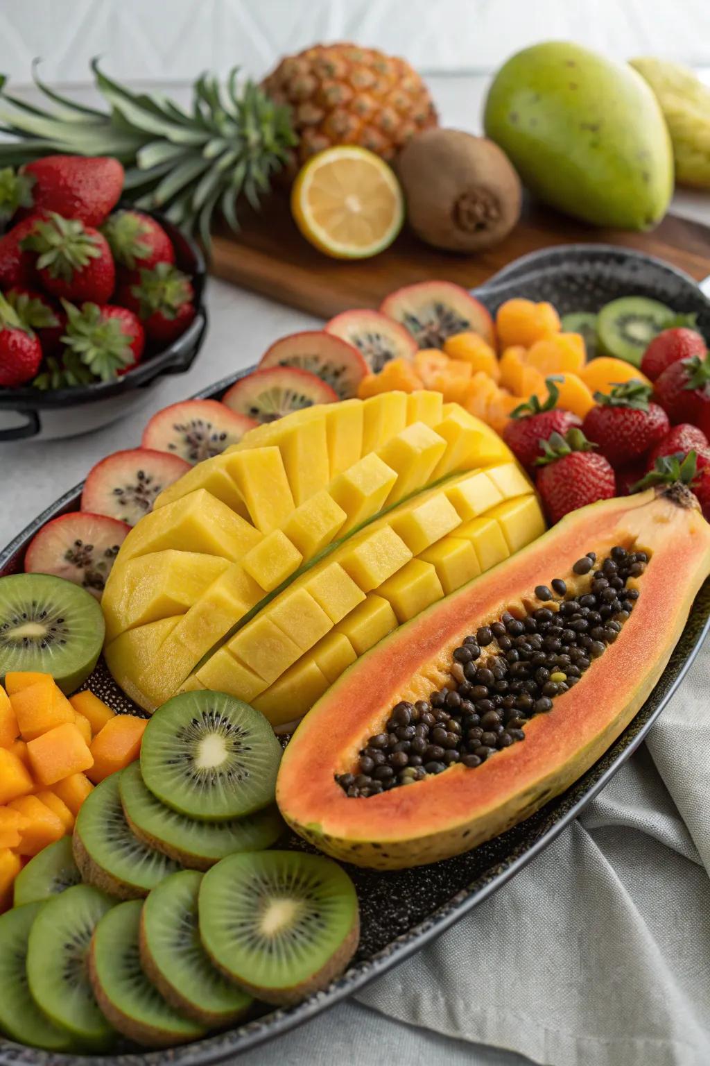 A faraway fruit display brings a tropical vibe to your morning.