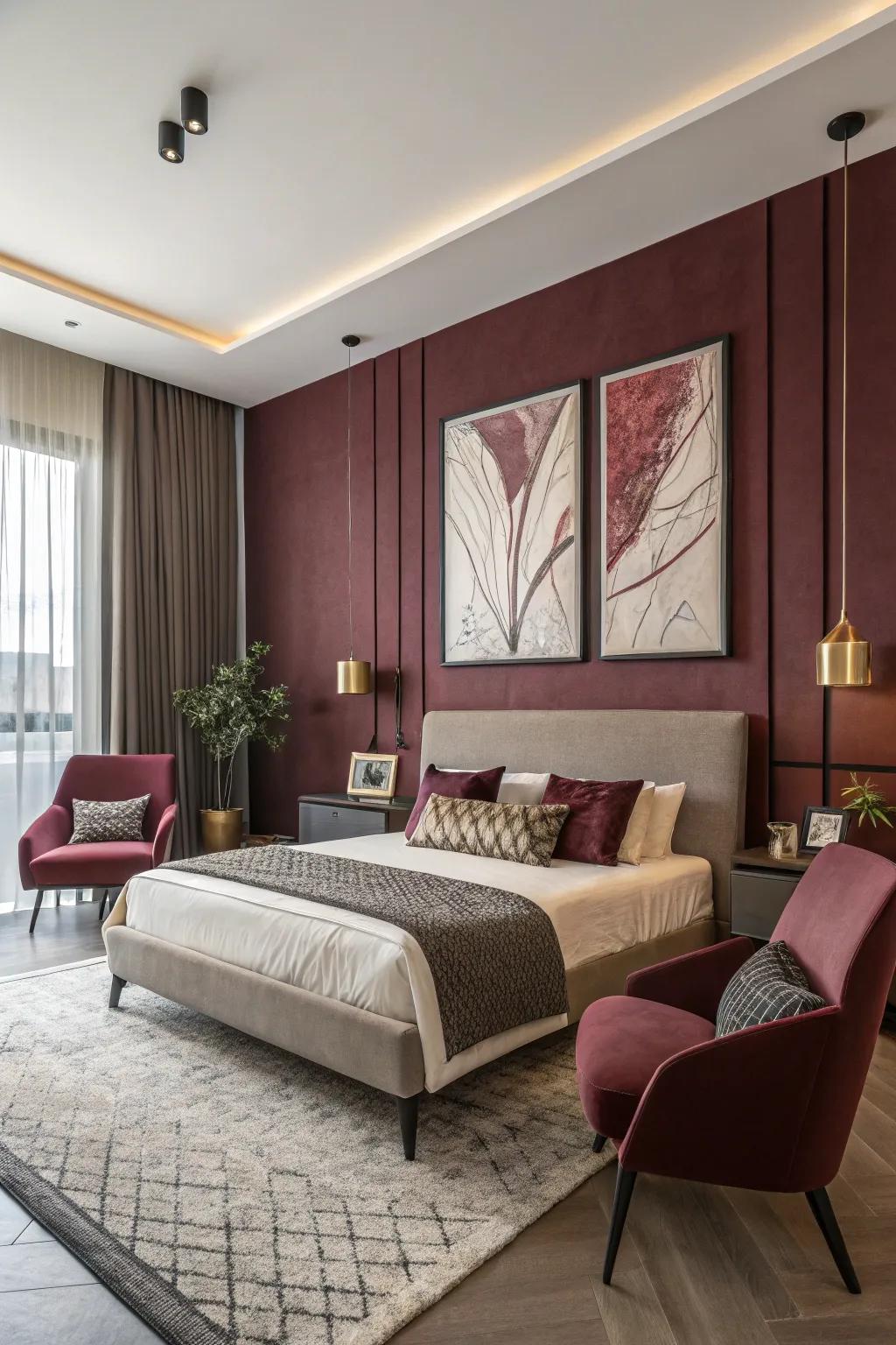 Conceptual design using burgundy shades introduces a progressive feel to the space.