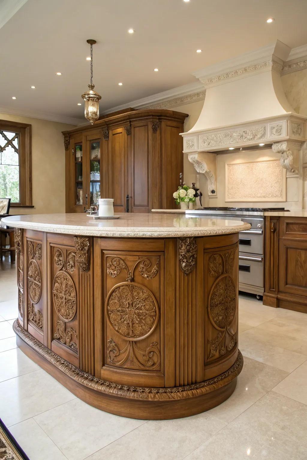 A merger of tradition and modernity in a circular kitchen island design.