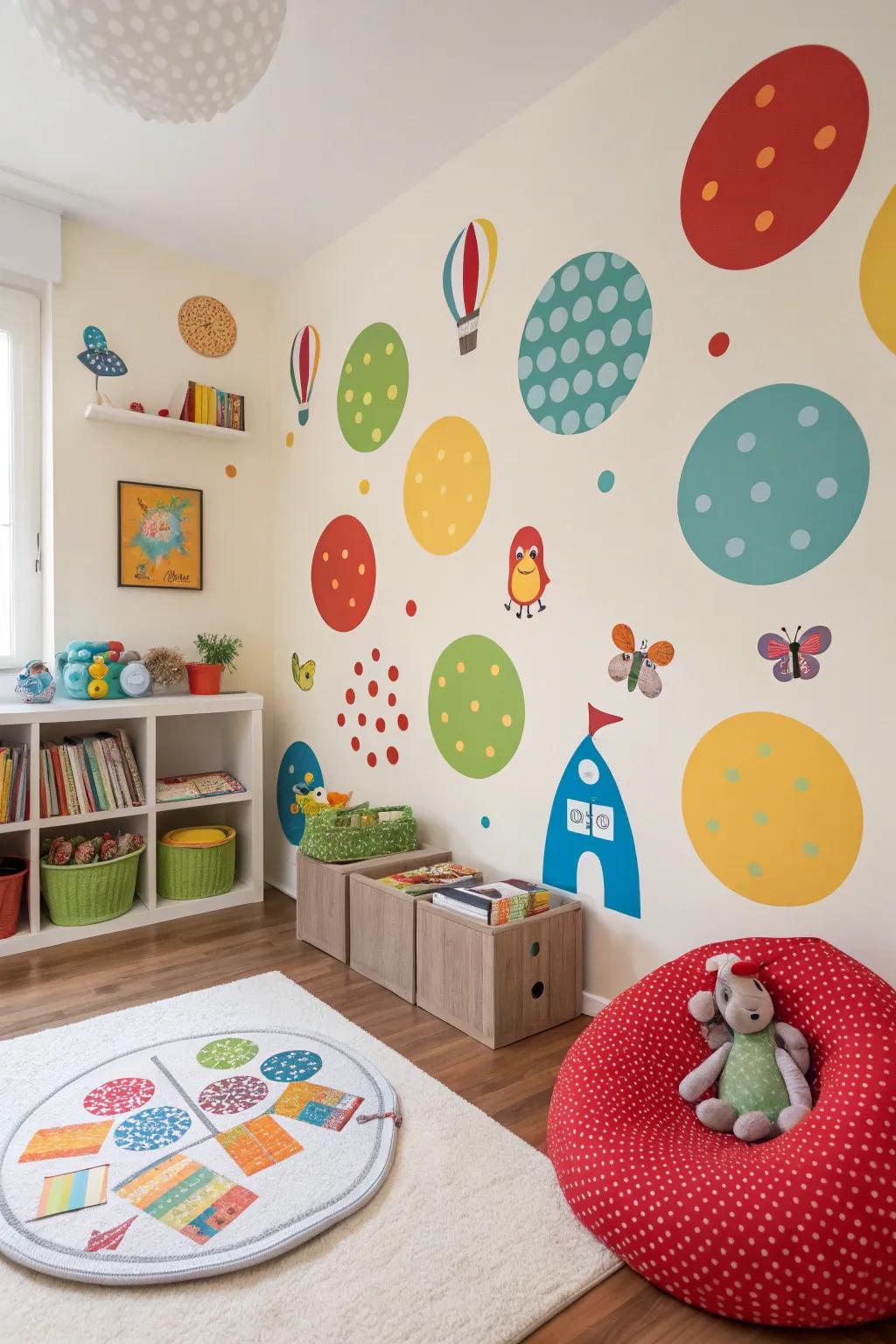 A children's room highlighting playful round wall decals to achieve a fun appearance.