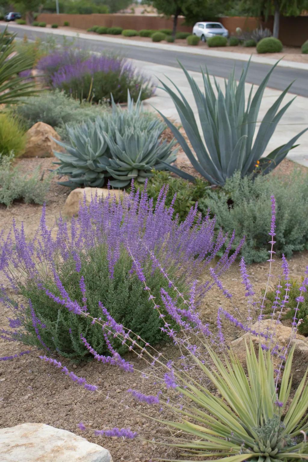 A water-smart garden featuring azure blooms and agave.