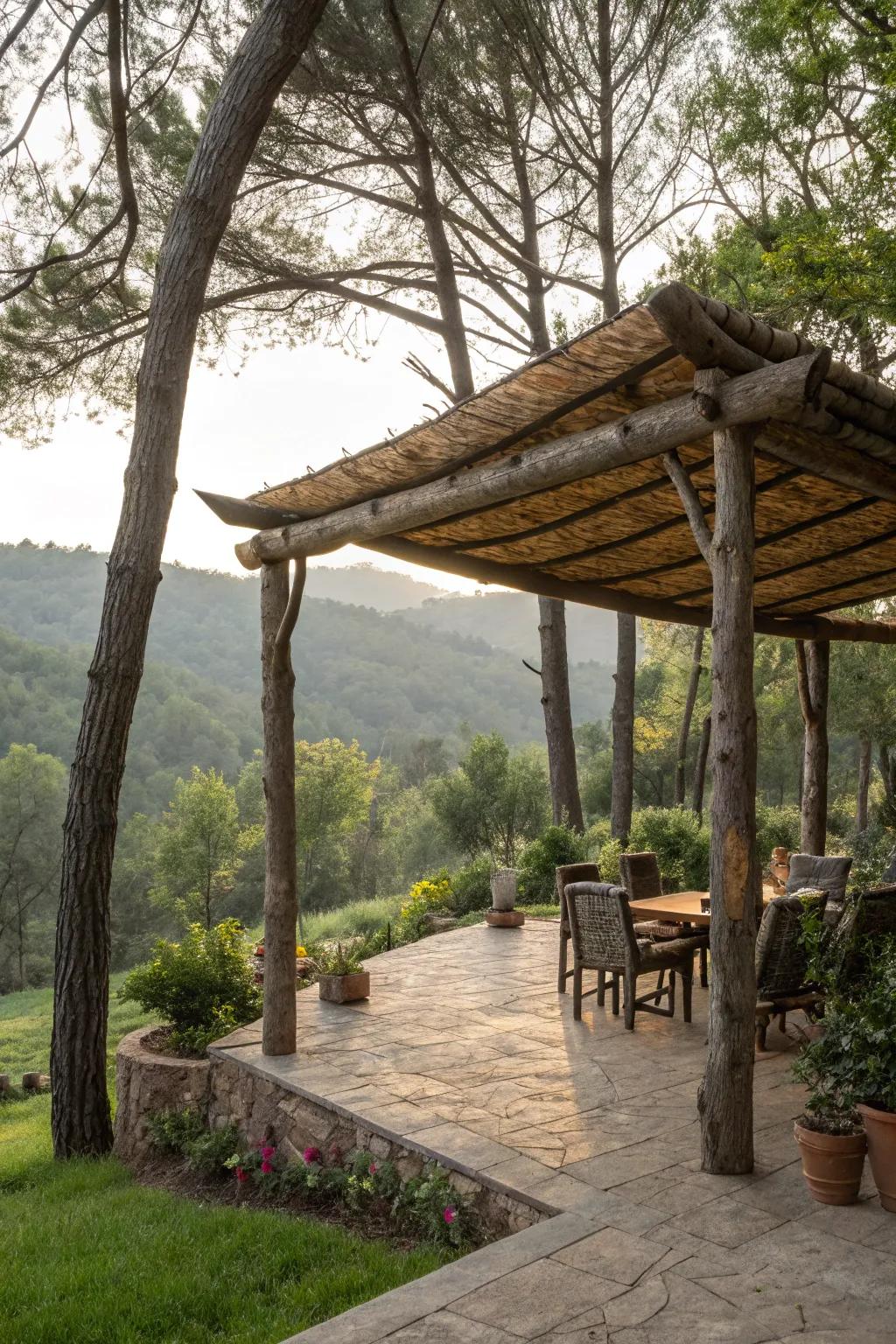 Log coverings fashion a woodland escape vibe.