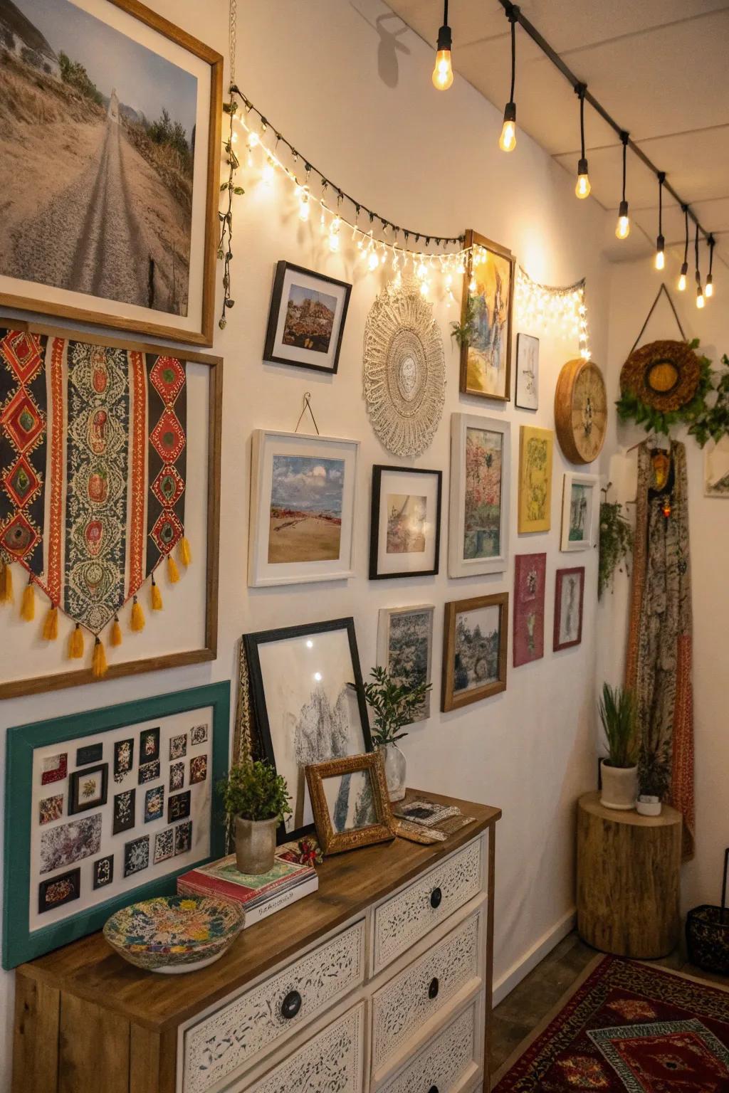 A bohemian gallery wall displays personality.