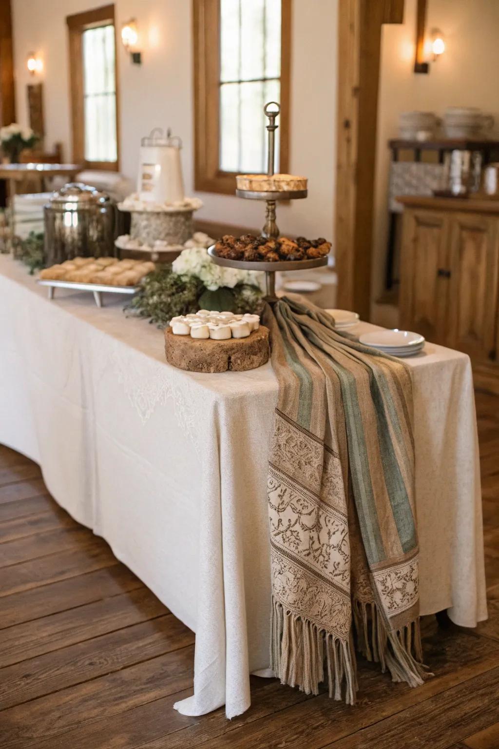 Repurposed fabric adds unique character to the country-style buffet table.