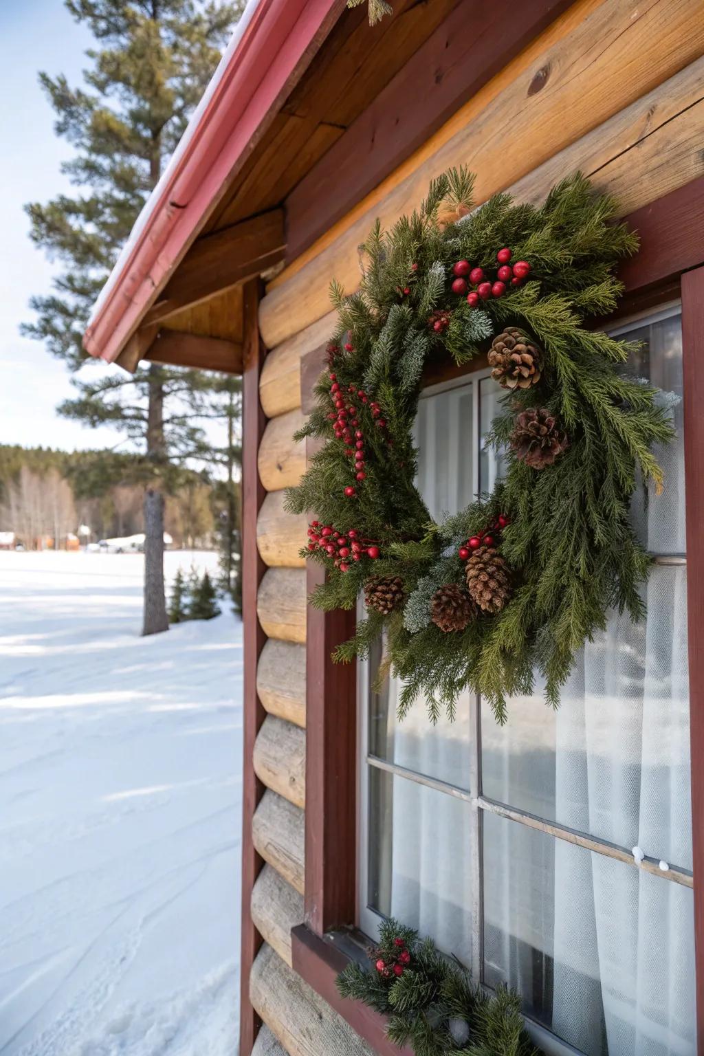 A lush wreath crafted from a variety of evergreen branches.