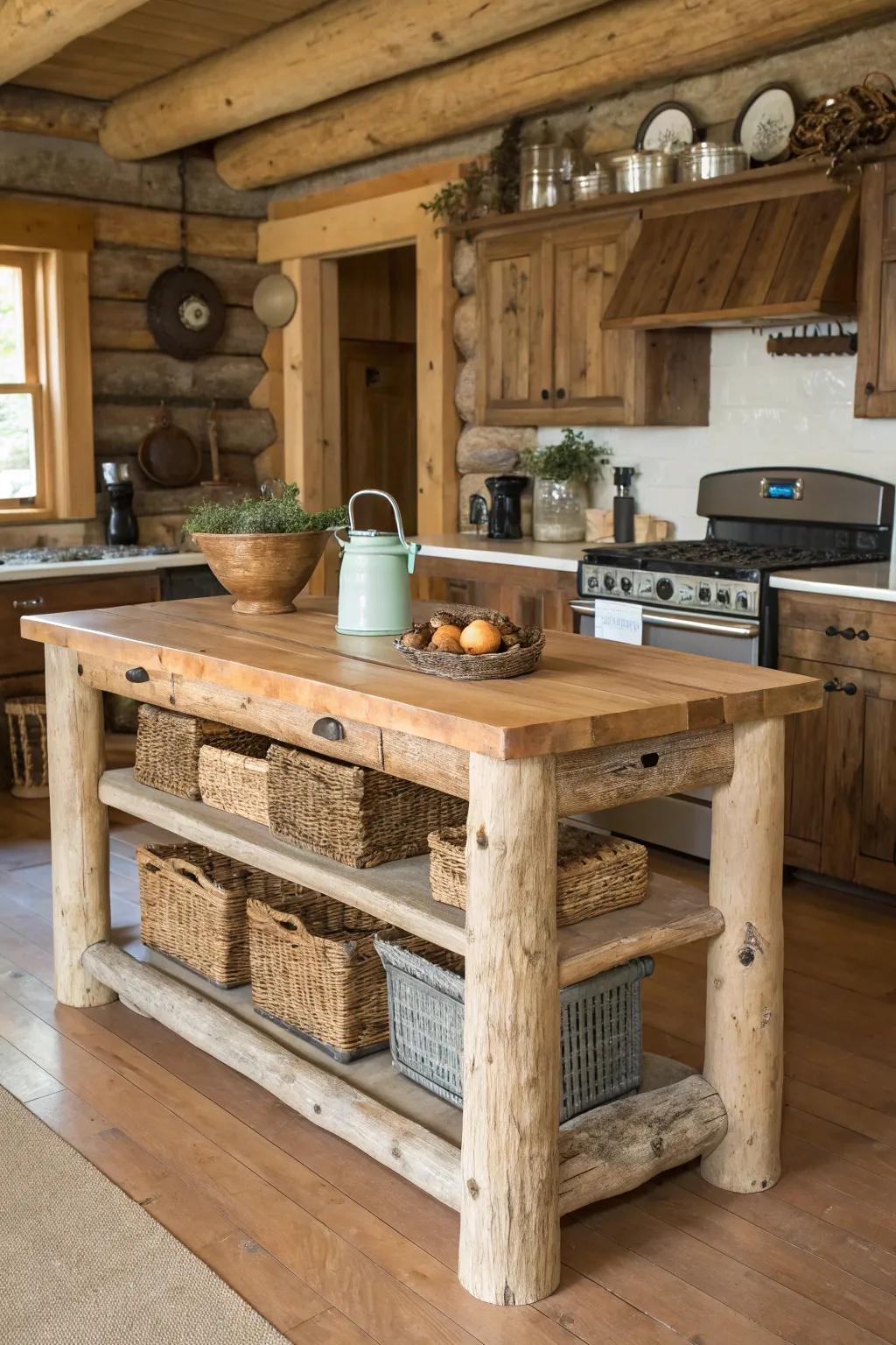 A countryside kitchen island that emulates a timber cabin ambiance with sturdy log construction.