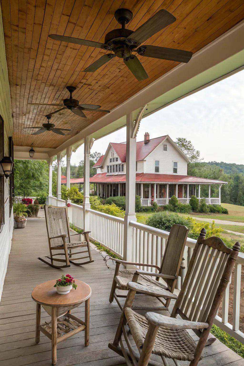 Air movers enhance this farmhouse porch.