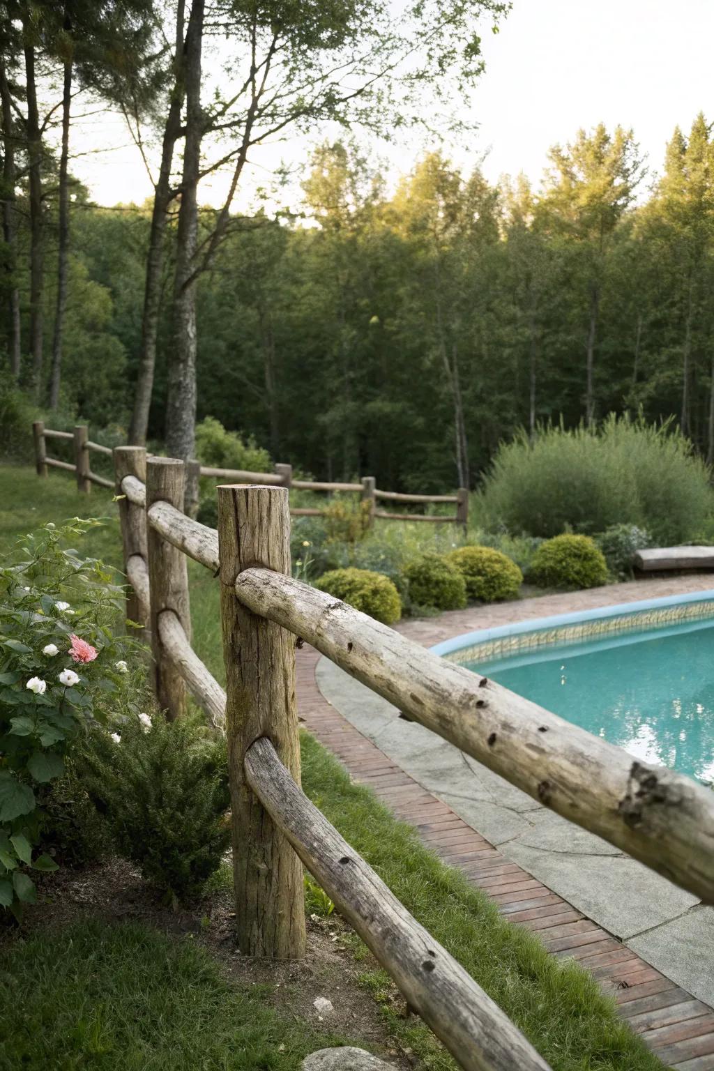 Log fencing providing a country, woodsy getaway ambiance.