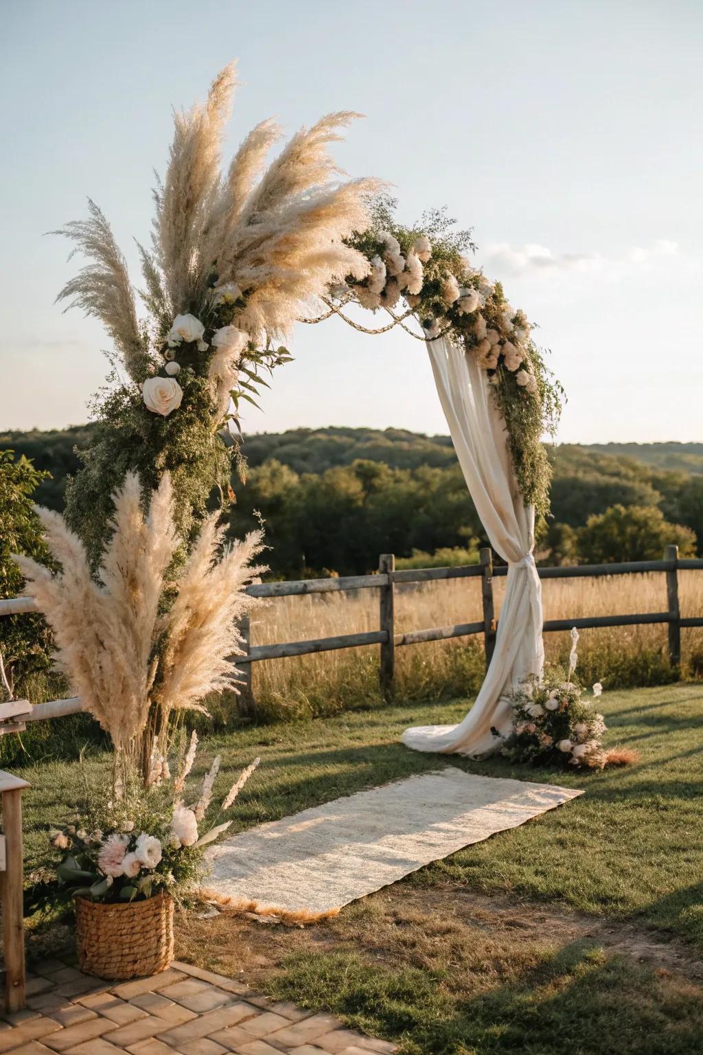Plume grass which introduces texture and elegance into a countryside bohemian arch.