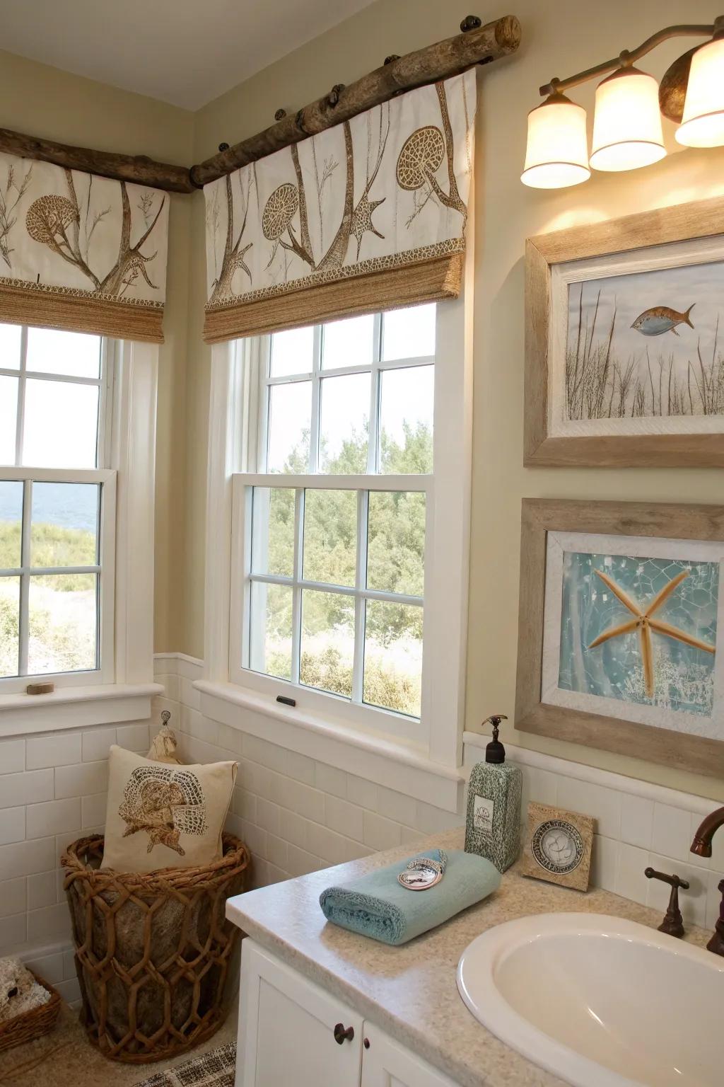 A beach-themed lavatory featuring a driftwood valance that serves as a inherent focal point.