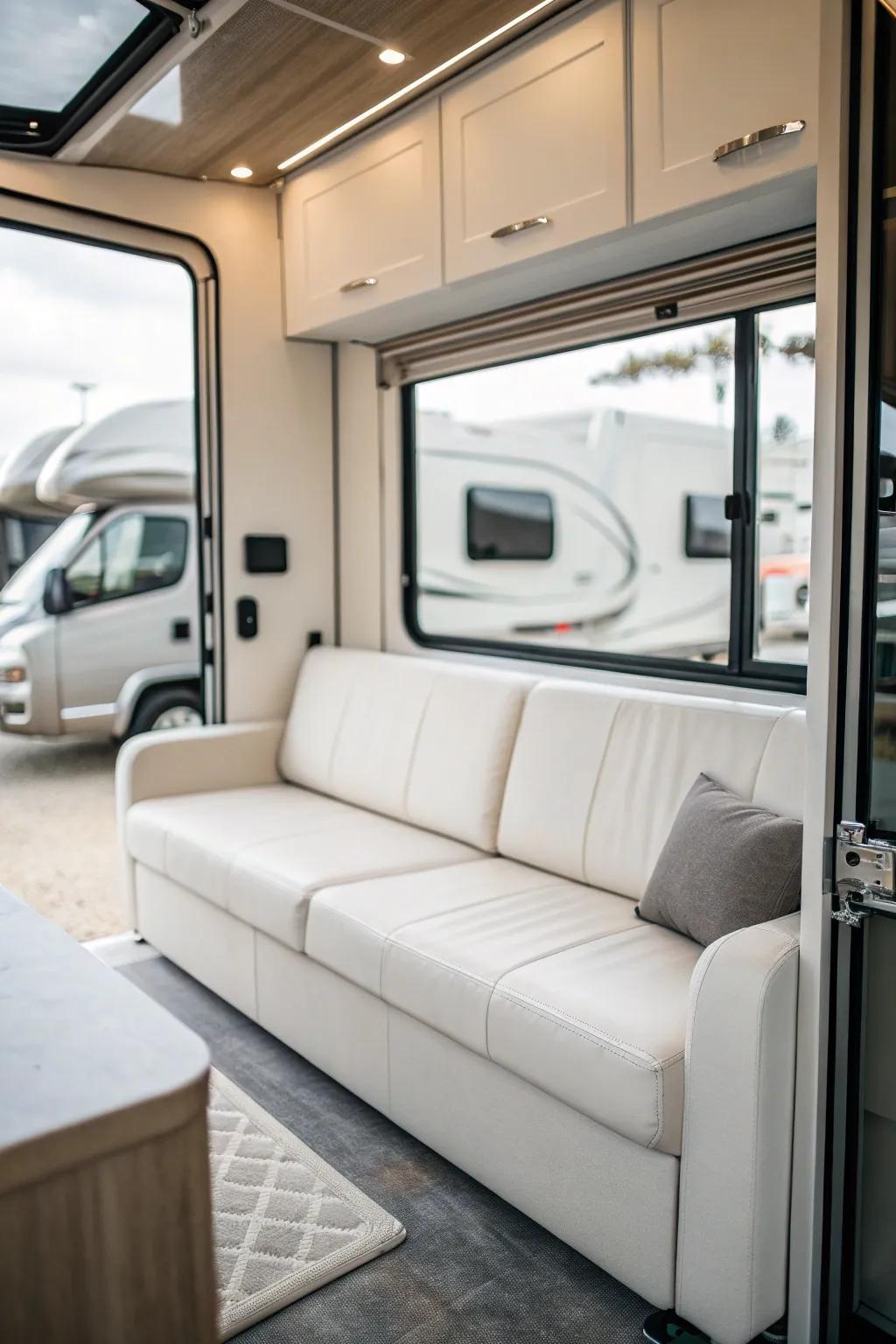 Minimalist designs create a serene and uncluttered RV interior.