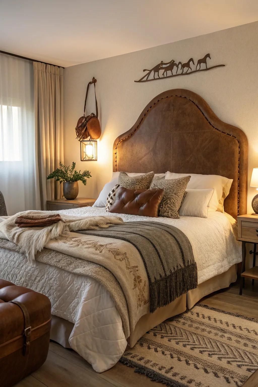 An equestrian-inspired headboard brings Western allure to this cozy bedroom.