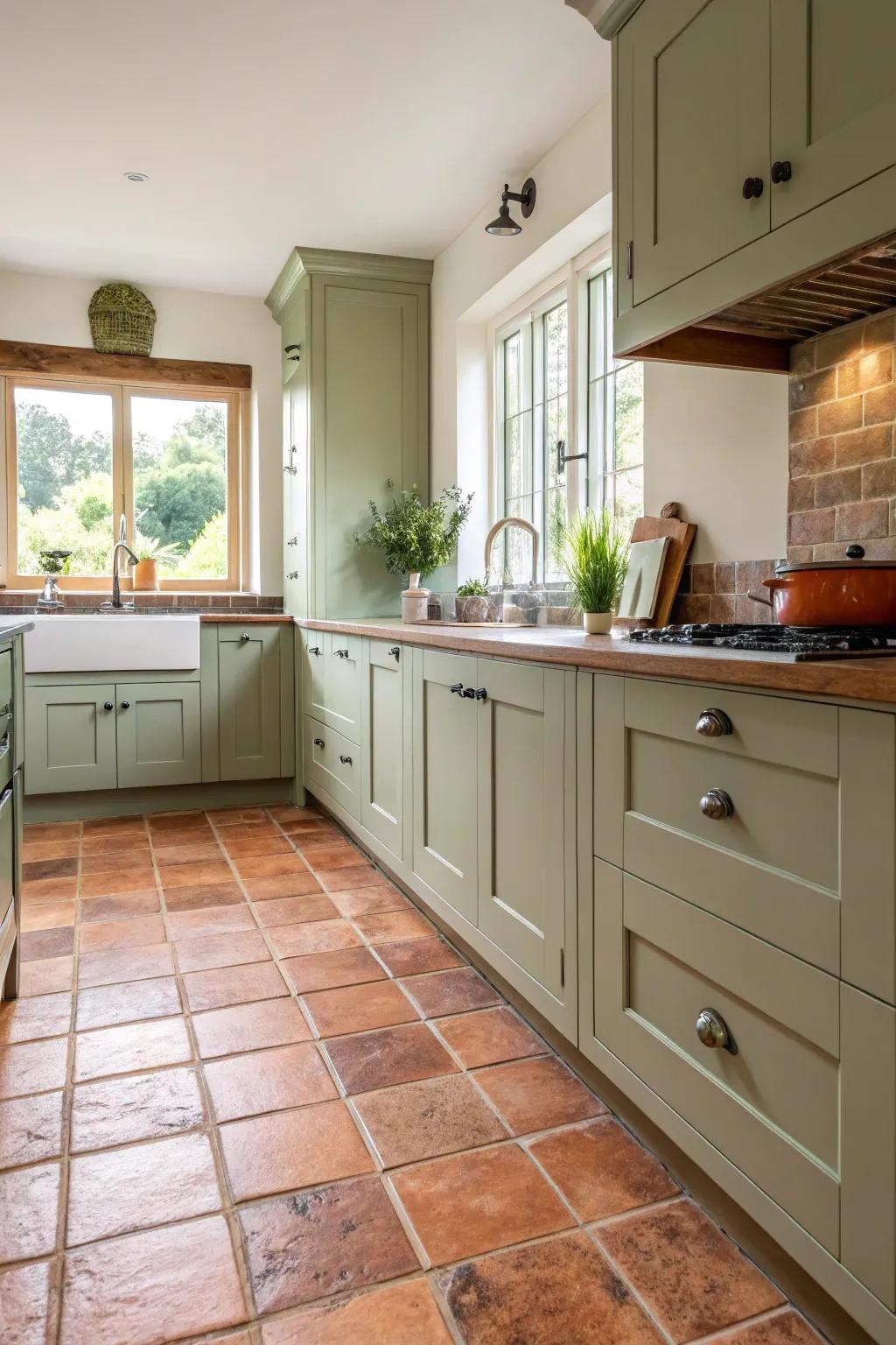 Earthenware tiles add warmth to the green tea kitchen.