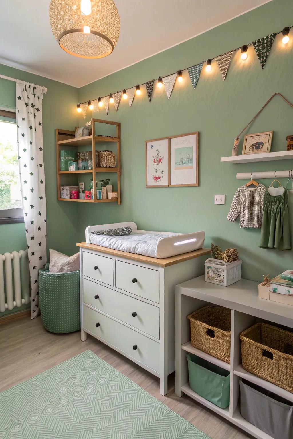 A stylish changing area integrates function and aesthetics in a soft leaf green nursery.