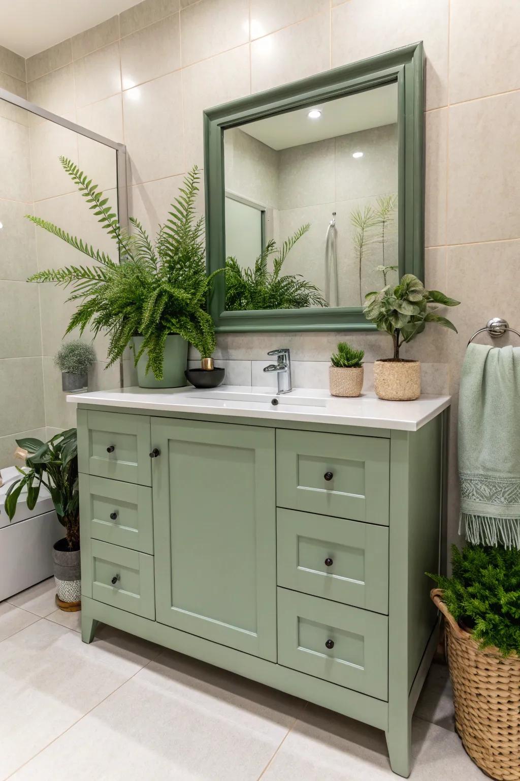 A bath rich with raw touches, showing a willow tint vanity and greenery.