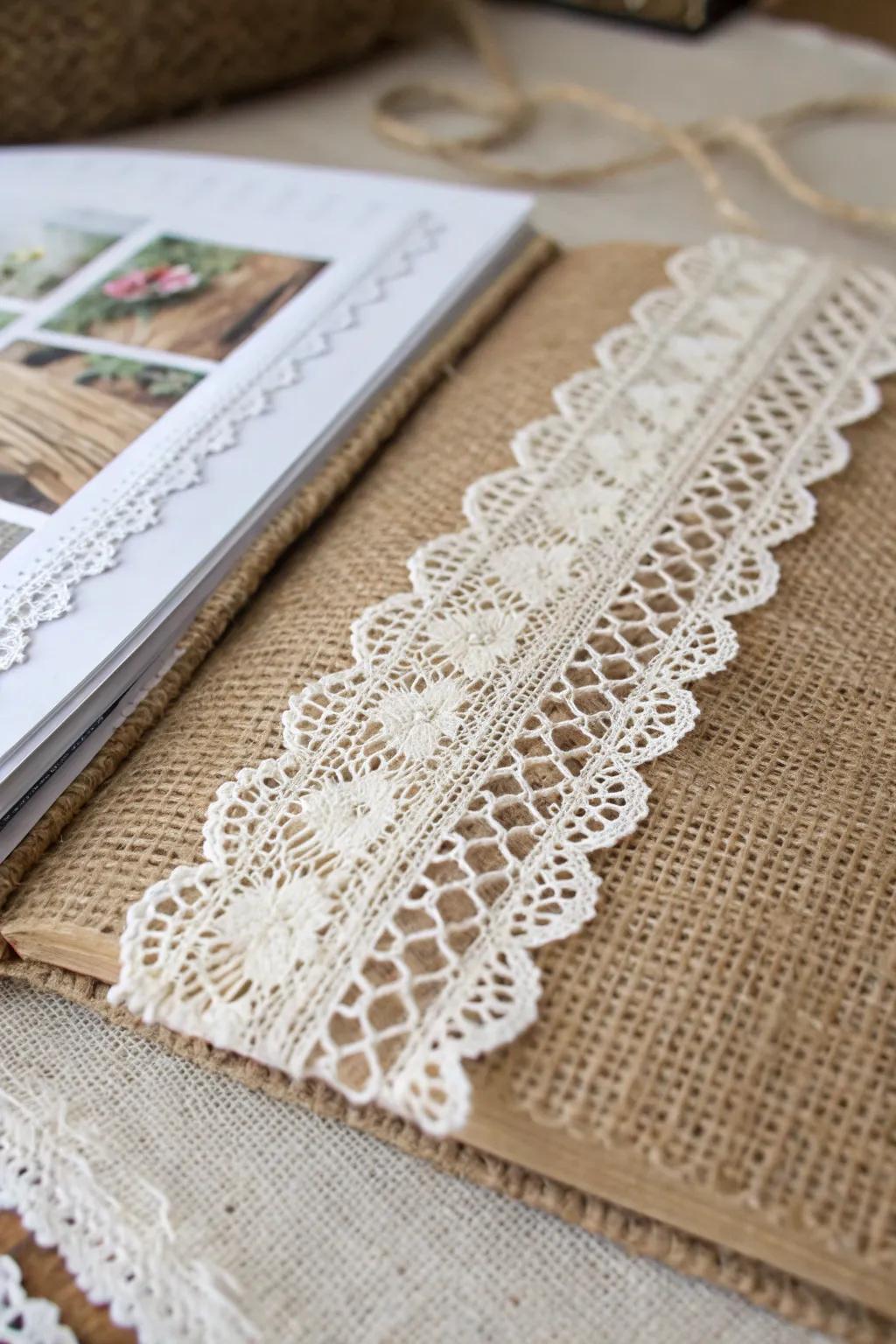 Elevate your scrapbook through the charm of delicate netting and coarse cloth – where simplicity converges with tactile allure.