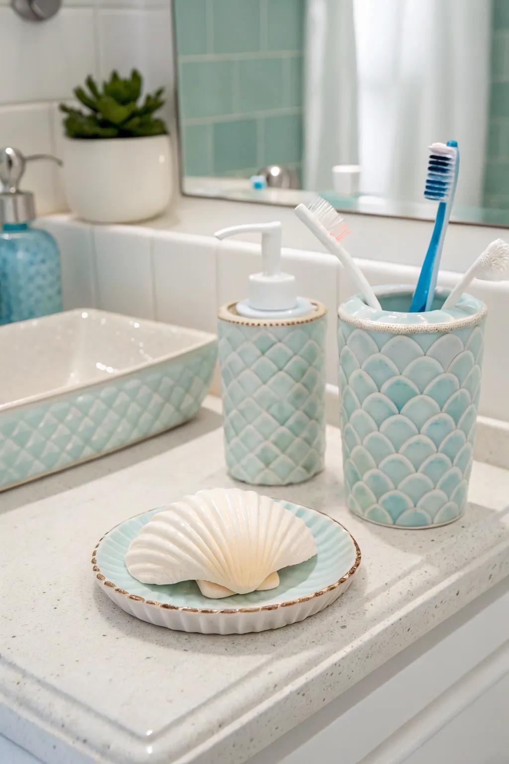 Seashell accessories usher coastal delight to your lavatory aesthetic.