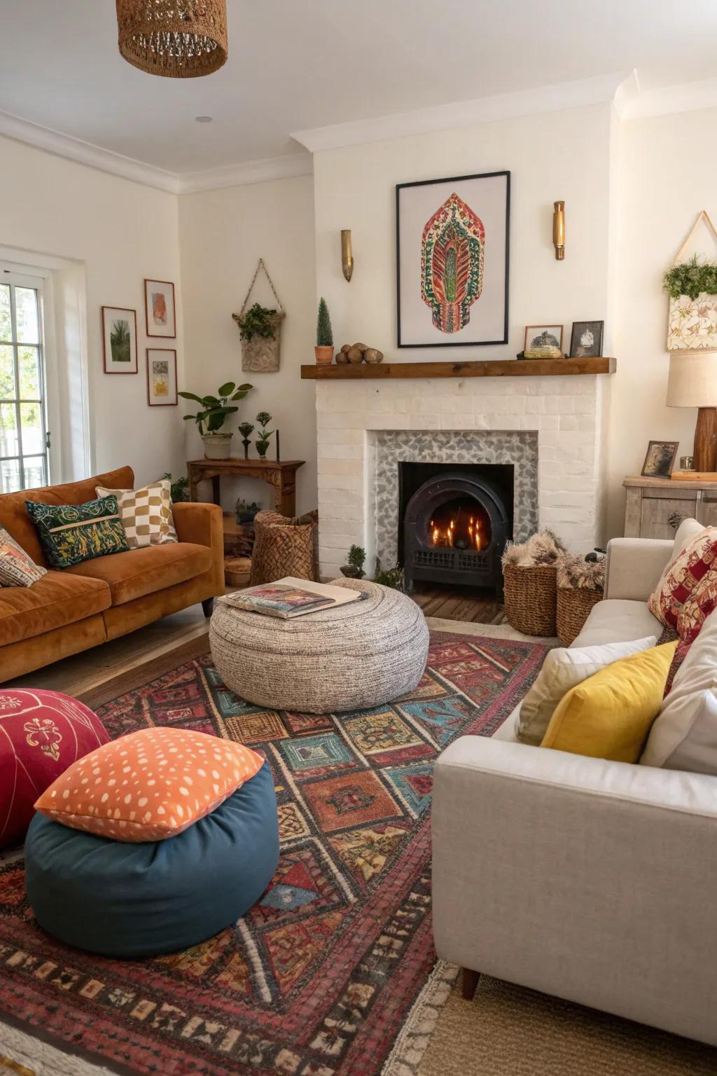 A diverse fusion of seating aesthetics contributes visual fascination to the fireplace zone.