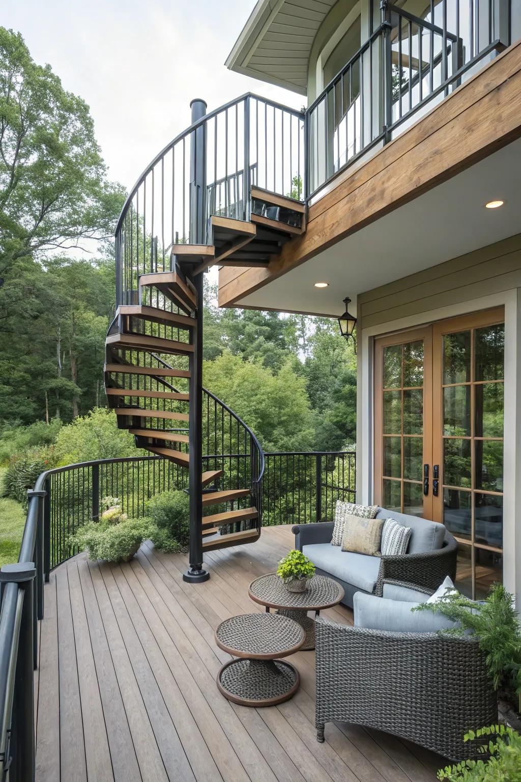 A dynamic spiral staircase adding sophistication and saving space.
