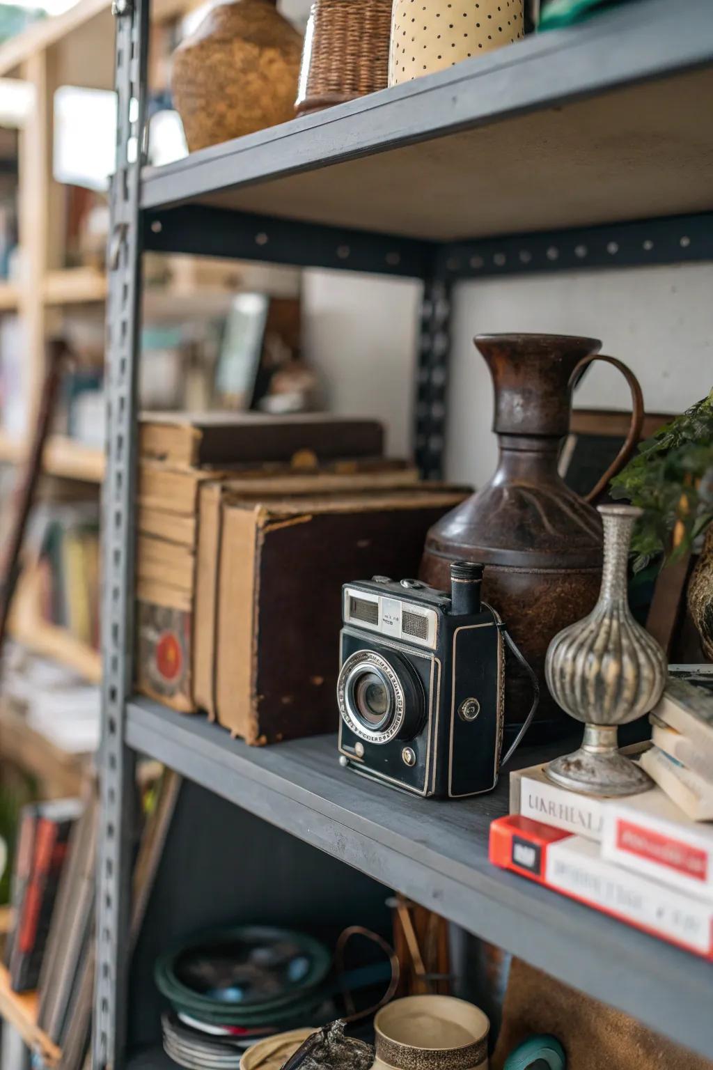 Uncommon items like a vintage camera add intrigue to the shelf.