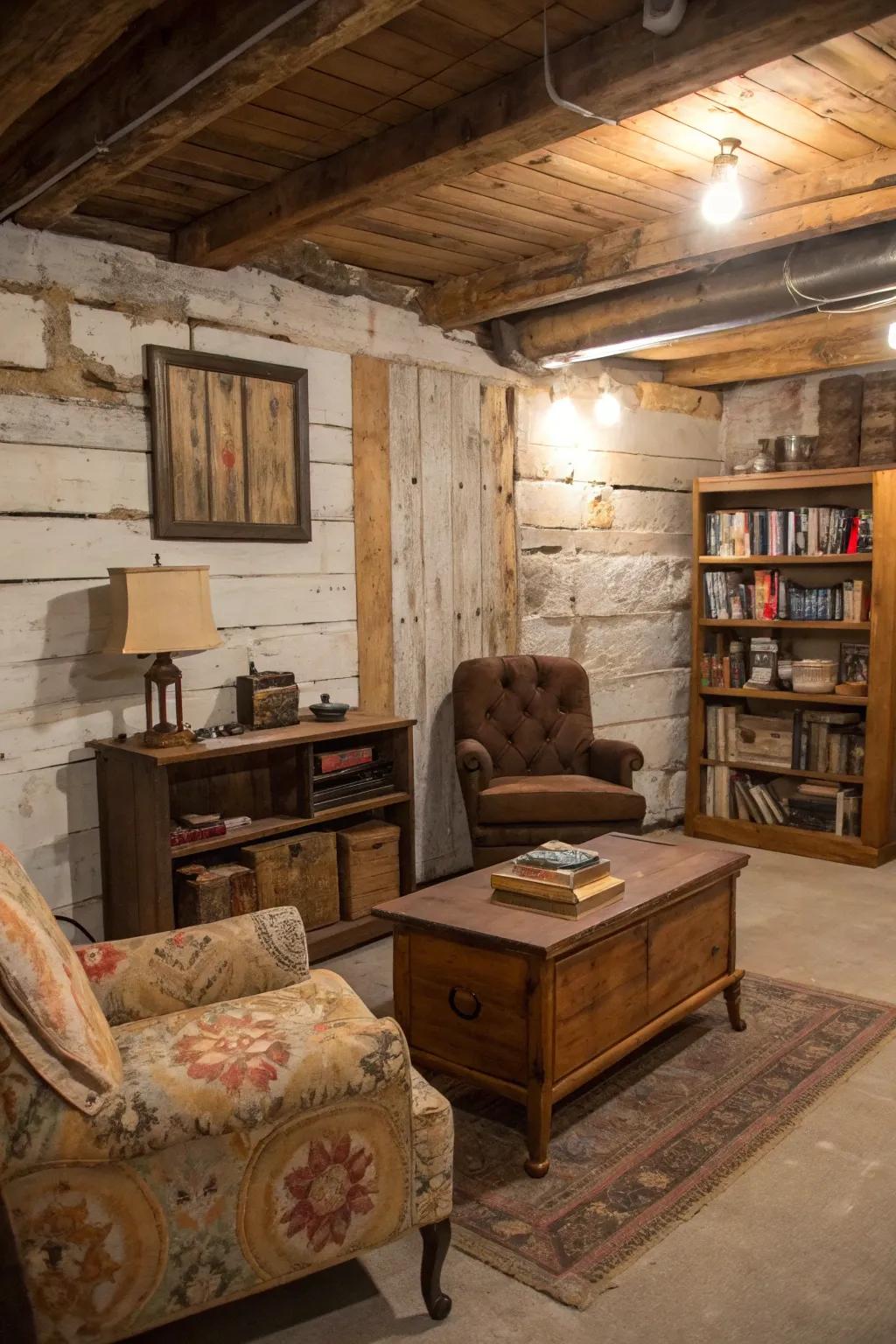 A vintage-inspired basement presenting worn paneling walls.