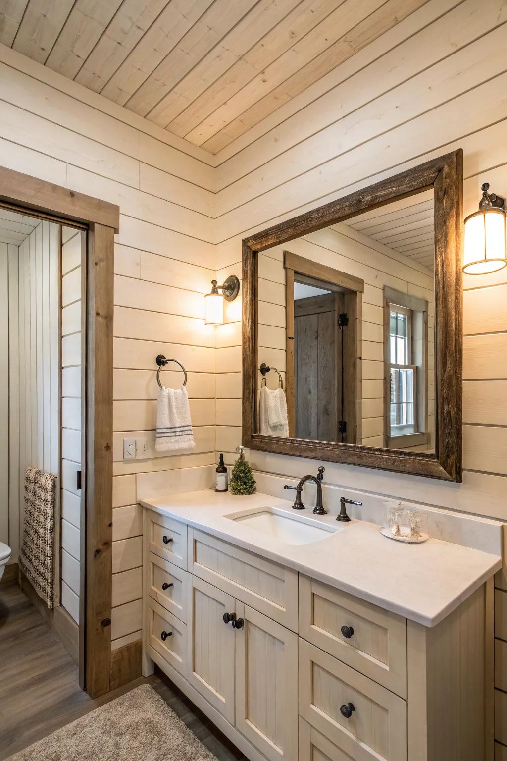 A bathroom featuring a plank cladding foundation for a statement mirror.