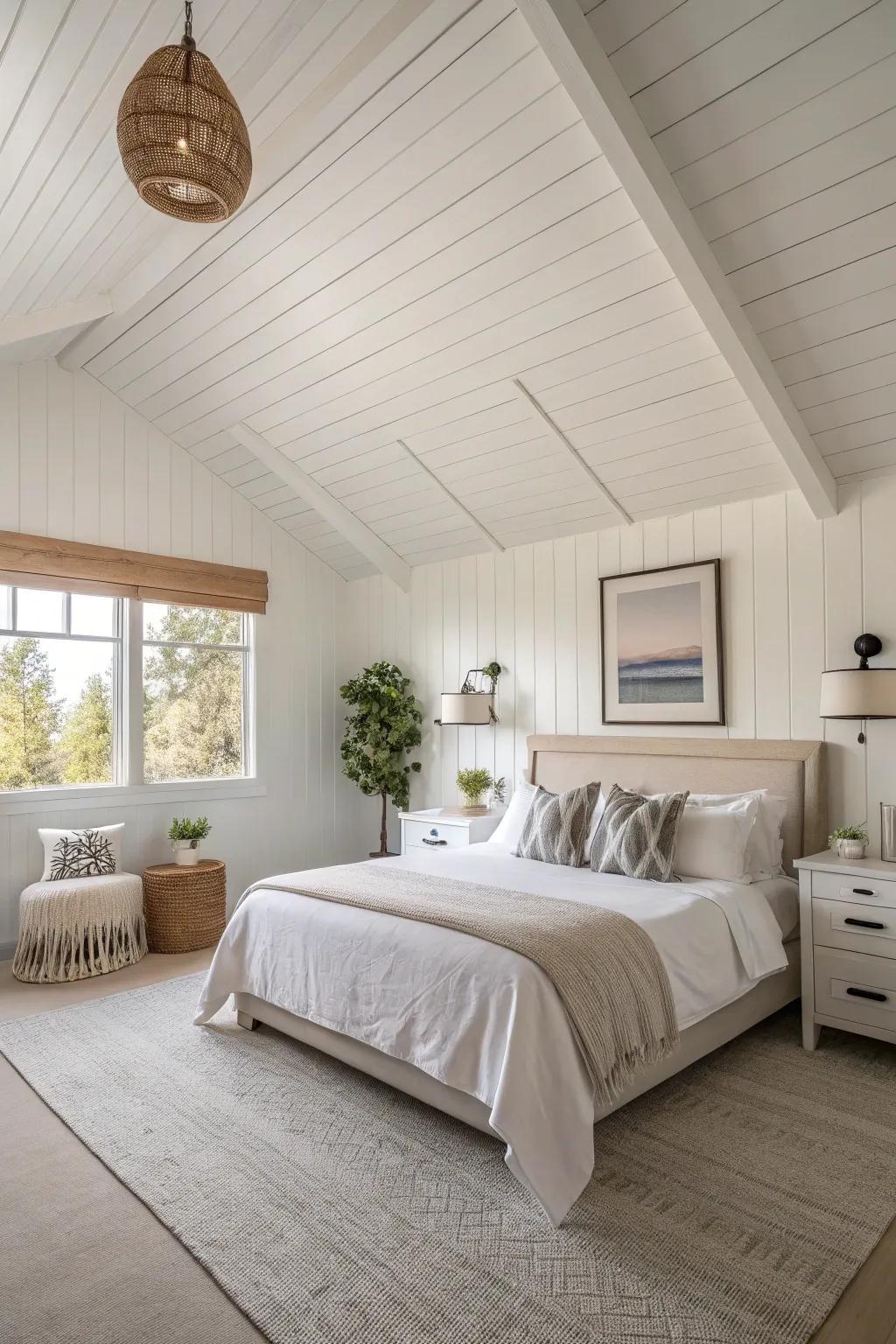 A minimalist aesthetic enhanced by a white shiplap ceiling.