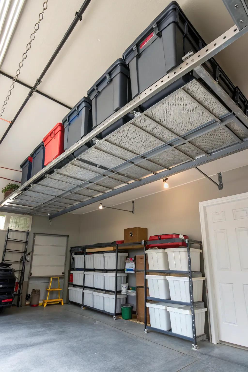 Overhead storage racks full of storage containers.