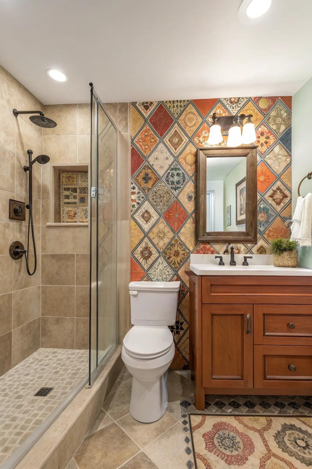 Accent walls add definition and character to bathroom designs.