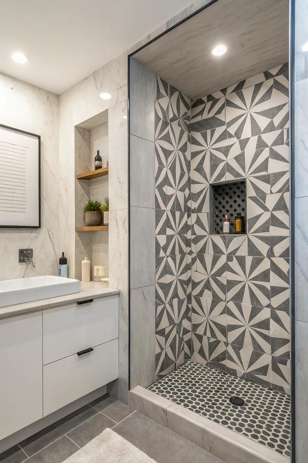 Symmetrical patterns bring a contemporary touch to a shower niche
